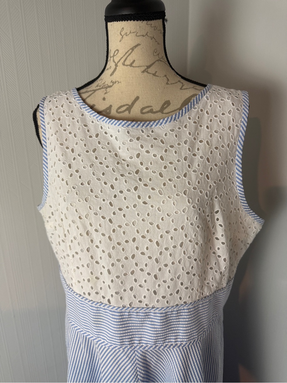 London Style White Eyelet Top Blue Striped Midi Dress size 18 - Picture 2 of 7